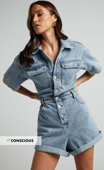 Leo Playsuit - Collared Short Sleeve Button Front Denim Playsuit in Mid Blue Acid Wash