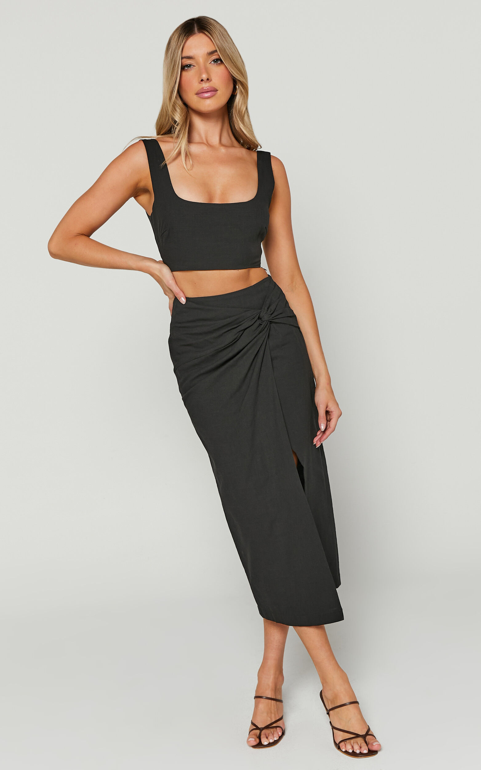 Gibson Two Piece Set - Crop Top and Knot Front Midi Skirt Set in Black - 06, BLK1