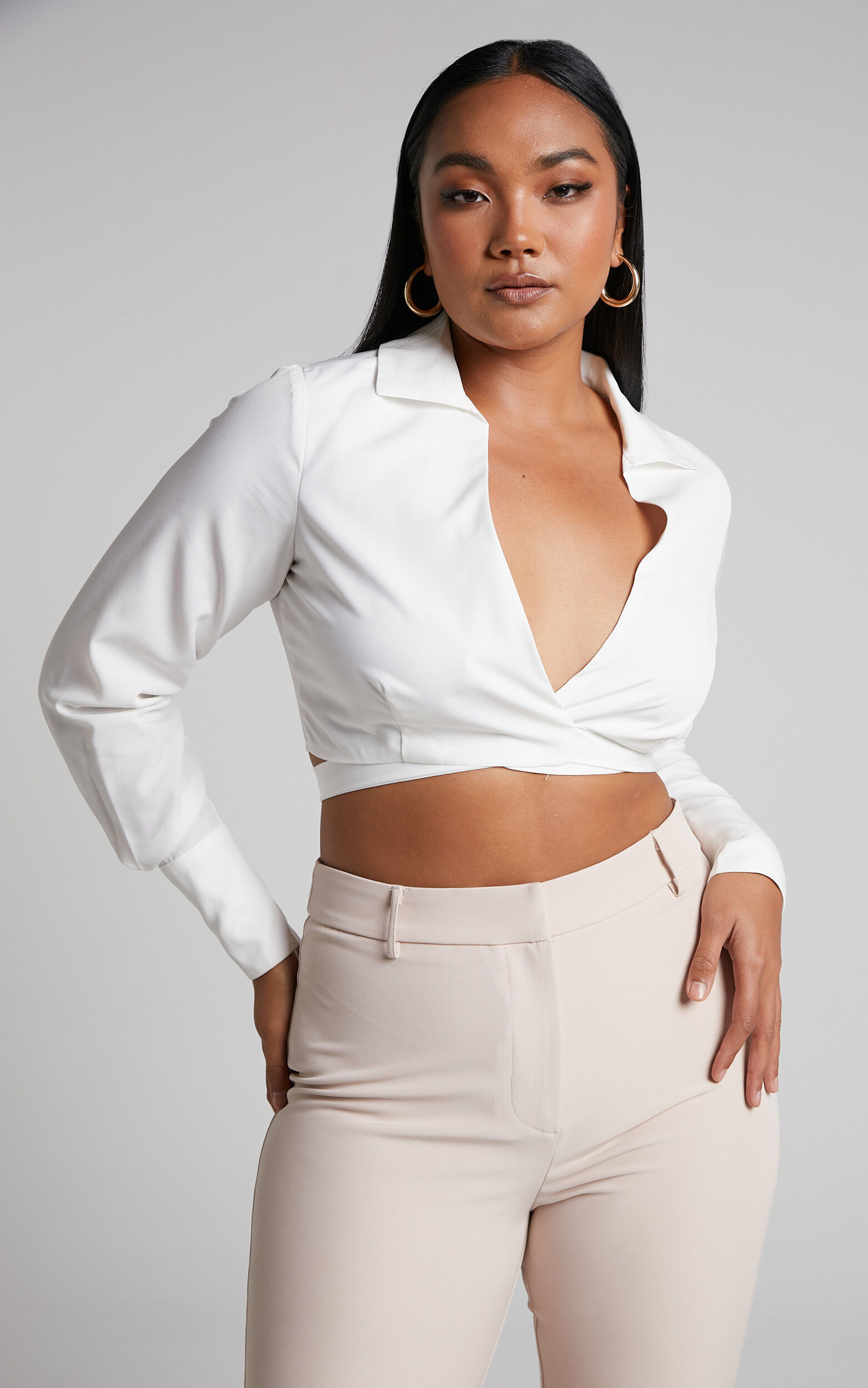 Friederike Cropped Tie Back Wrap Shirt in White - 04, WHT1, super-hi-res image number null