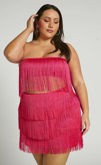 Siofra Two Piece Set - Fringe Crop Top and Mini Skirt Set in Hot Pink