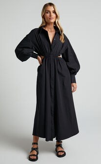 Merabelle Midaxi Dress - Side Cut Out Collared Long Sleeve Shirt Dress in Black