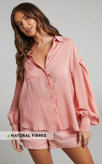 Amalie The Label - Azariah Linen Look Balloon Sleeve Button Up Shirt in Dusty Pink