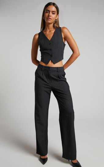 Queennie Trousers - Mid Rise Relaxed Straight Leg Tailored Trousers in Black Pinstripe