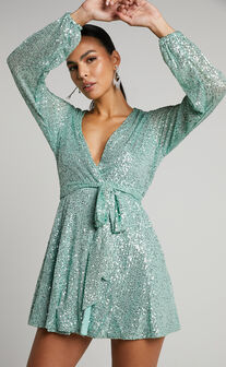 Three Of Us Mini Dress - Long Sleeve Wrap Dress in Turquoise Sequin