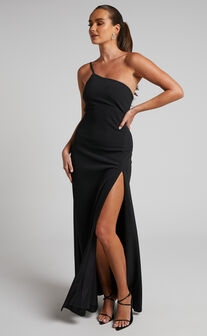 Magnaye Maxi Dress - One Shoulder Thigh Split Dress in Black