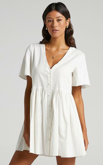 Staycation Smock Button Up Mini Dress in White