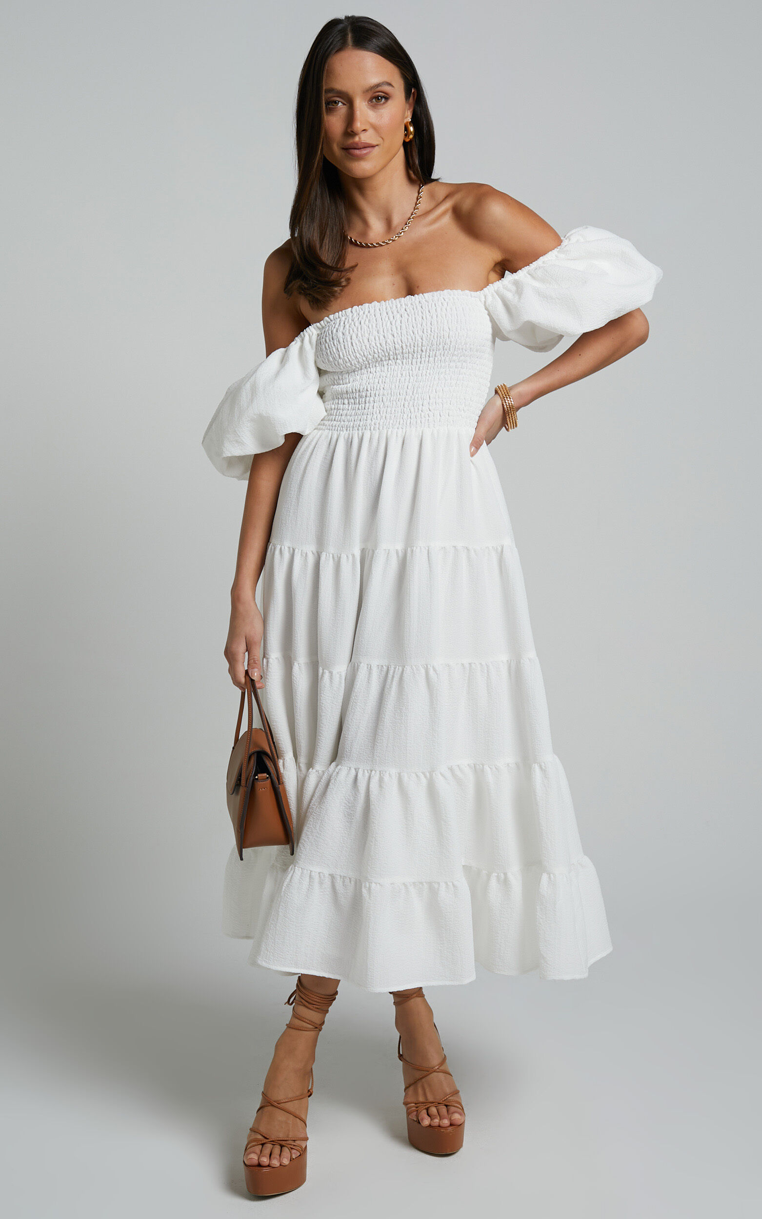 Maxima Midi Dress - Puff Sleeve Shirred Bodice Tiered Dress in White - 06, WHT1, super-hi-res image number null