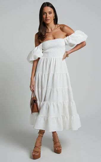 Maxima Midi Dress - Puff Sleeve Shirred Bodice Tiered Dress in White