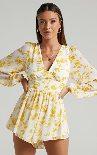 Anika Strappy Back Playsuit in yellow floral