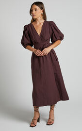 Amalie The Label - Franc Linen Puff Sleeve Wrap Midi Dress in Dark Plum ...