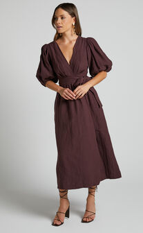 Amalie The Label Franc Midi Dress - Linen Puff Sleeve Wrap in Dark Plum