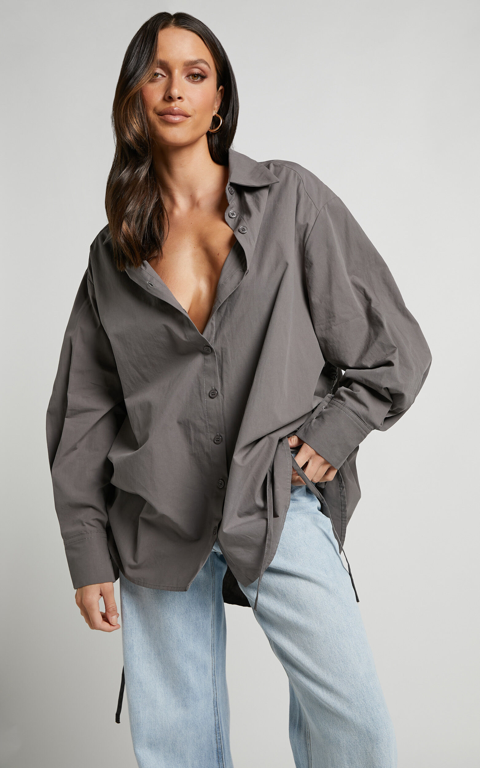 Kalpena Shirt - Ruched Side Oversized Shirt in Charcoal - 04, GRY1