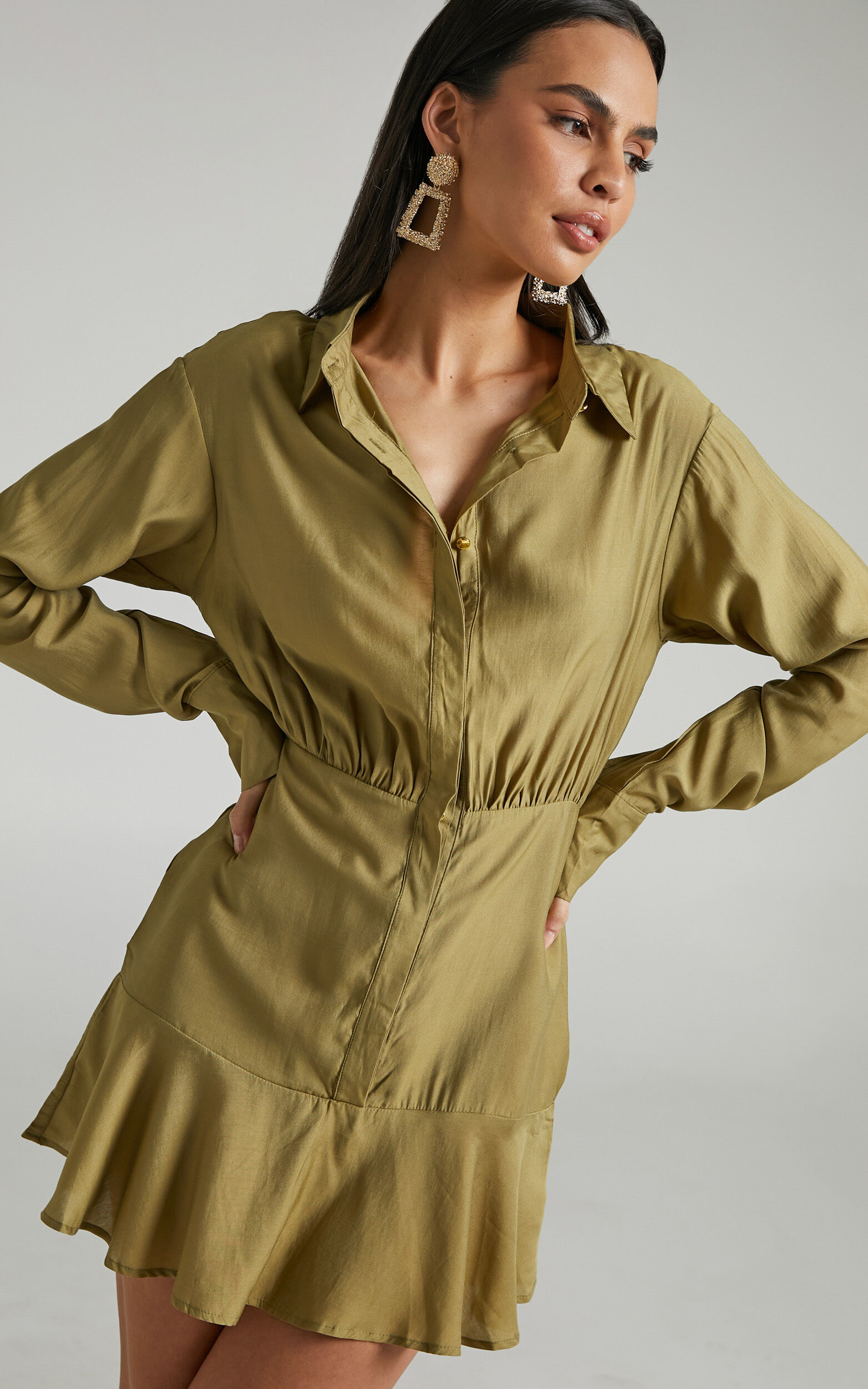 Jervin Collared Button Down Mini Shirt Dress in Khaki - 04, GRN1, super-hi-res image number null