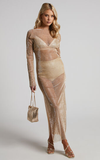 Karmen Midi Dress - Long Sleeve Split Diamante Mesh Dress in Gold