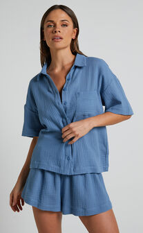 Donita Top - Button Up Shirt Top in Azure Blue