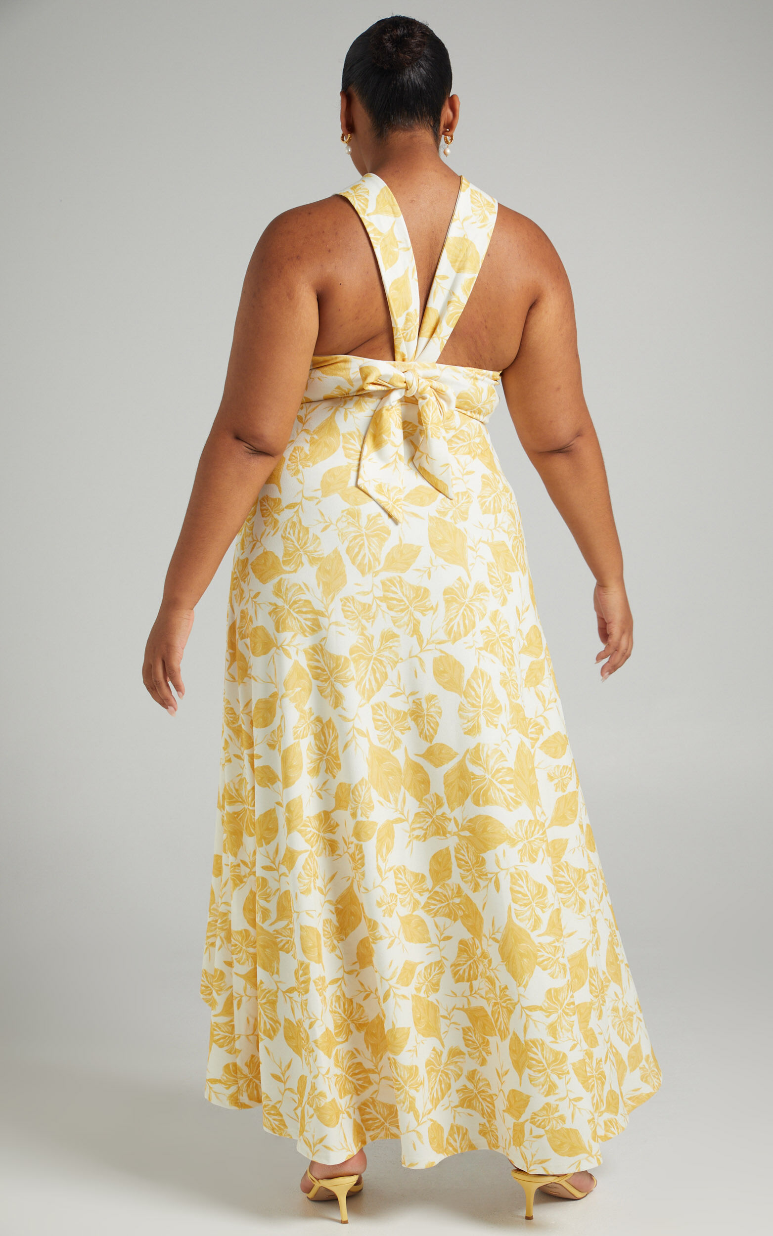 Yellow Casual Vacation Print Patchwork Backless A Line Plus Size