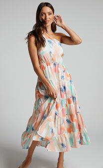 Dawn Maxi Dress - One Shoulder Tiered Dress in White Floral
