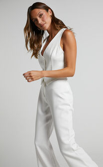 Thalya Button Front Vest And High Waisted Tailored Pants 2 Piece Set in White