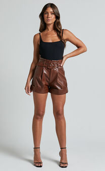 Kori Shorts - Faux Leather Tailored Shorts with Belt in Chocolate