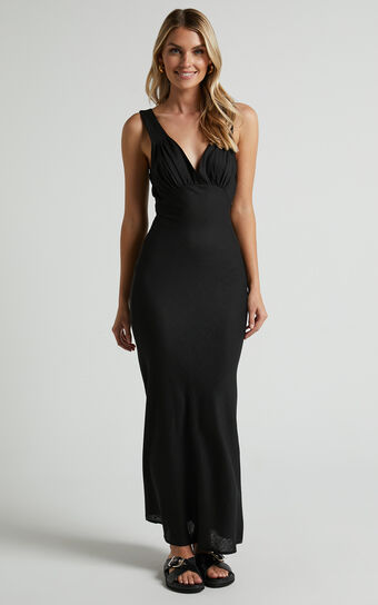 Banette Midaxi Dress - Deep V Neck Sleeveless Dress in Black