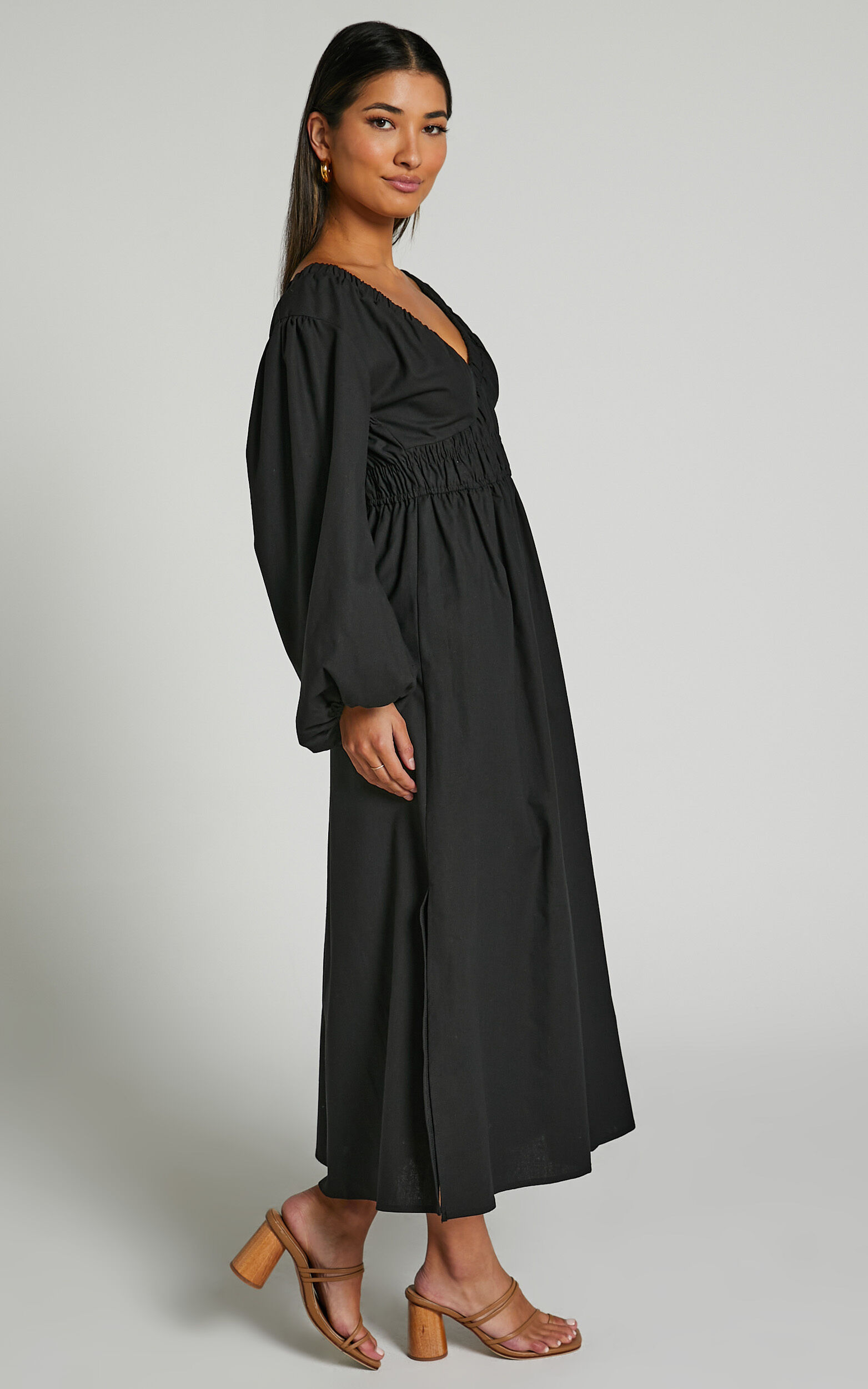 Tori Shirring V Neck Long Balloon Sleeve Midi Dress in Black | Showpo