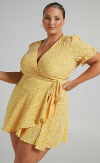 Azelle Wrap Mini Dress in Yellow Floral