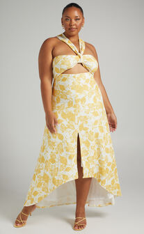 Erskine Knot Front High Low Maxi Dress in Yellow Leaf