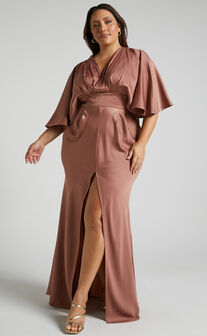 Gemalyn Maxi Dress - Angel Sleeve V Neck Split Dress in Dusty Rose