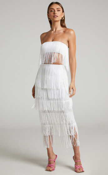 Amalee Two Piece Skirt Set with Fringing in White