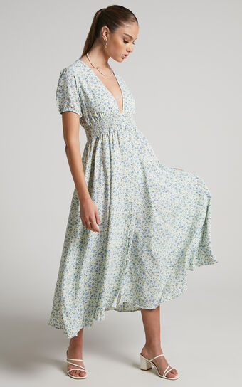 Elenita Short Sleeve Shirred Waist Maxi Dress in Light Blue Floral