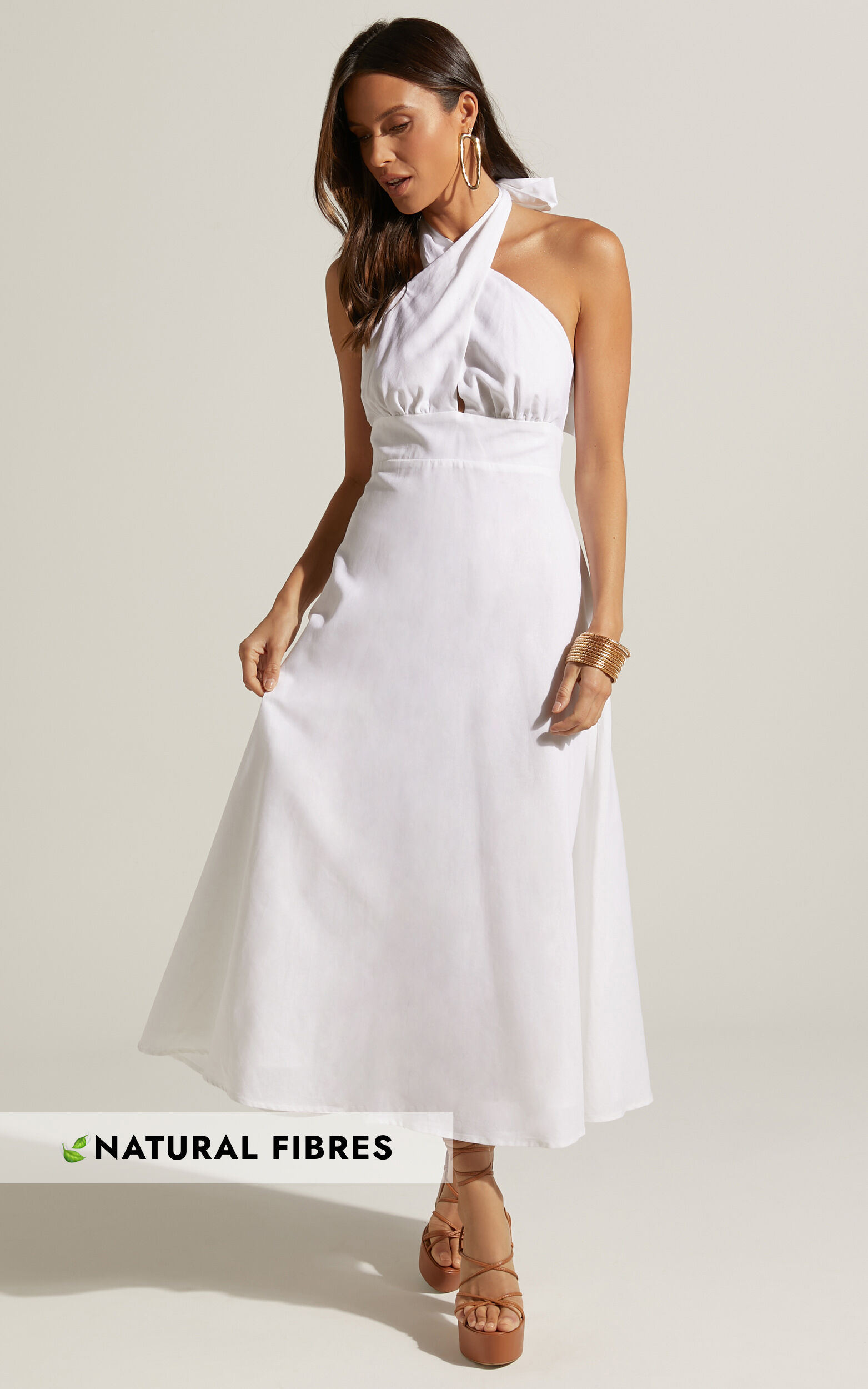 Amalie The Label - Freesia Linen Look Halter Tie Neck Midi Dress in White - 06, WHT2