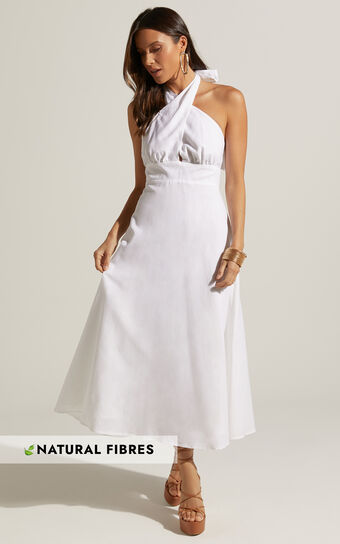Amalie The Label - Freesia Linen Look Halter Tie Neck Midi Dress in White
