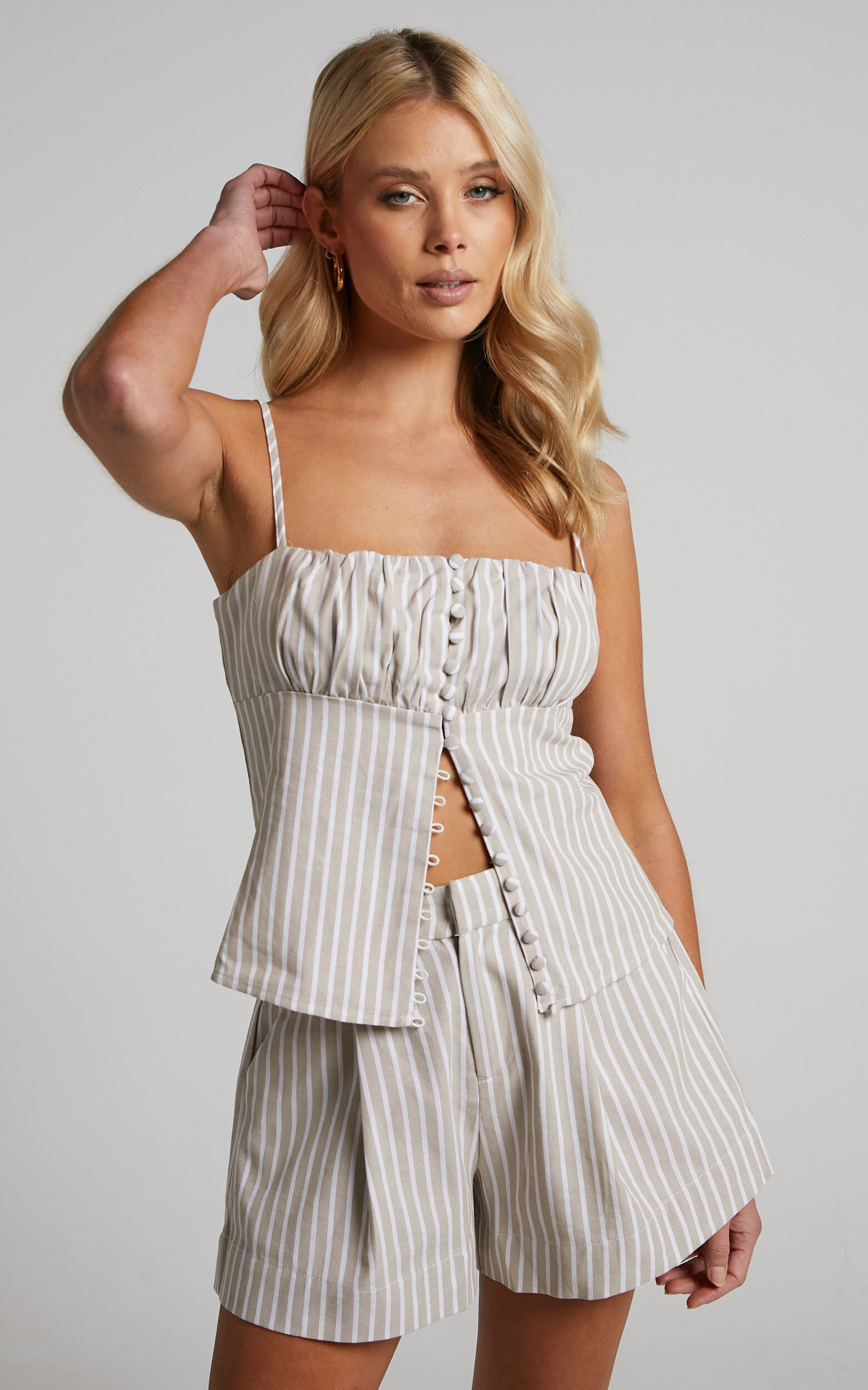 Romlene Top - Ruched Bust Button Through Cami in Natural Stripe - 06, NEU1, super-hi-res image number null