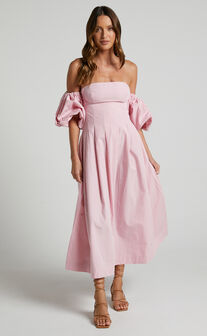 Geloe Midi Dress - Structured Off Shoulder Puff Dress in Pink