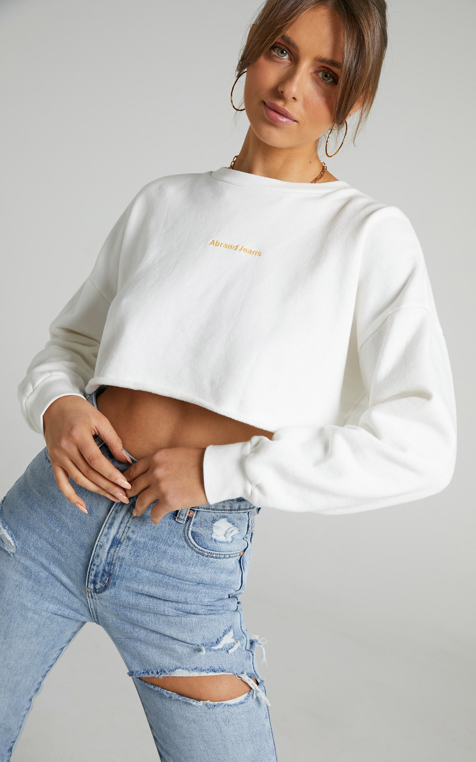 Abrand - A Cropped Oversized Sweater in White Sand - L, WHT1, super-hi-res image number null
