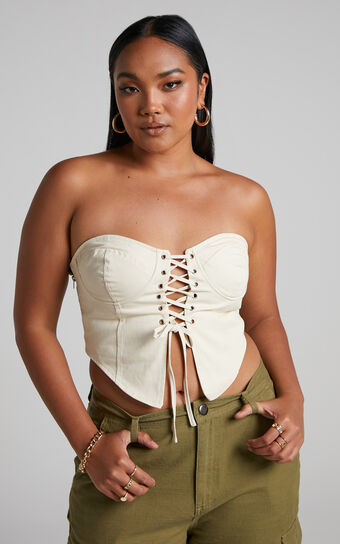 Alesana Top - Lace Up Strapless Corset Top in Cream