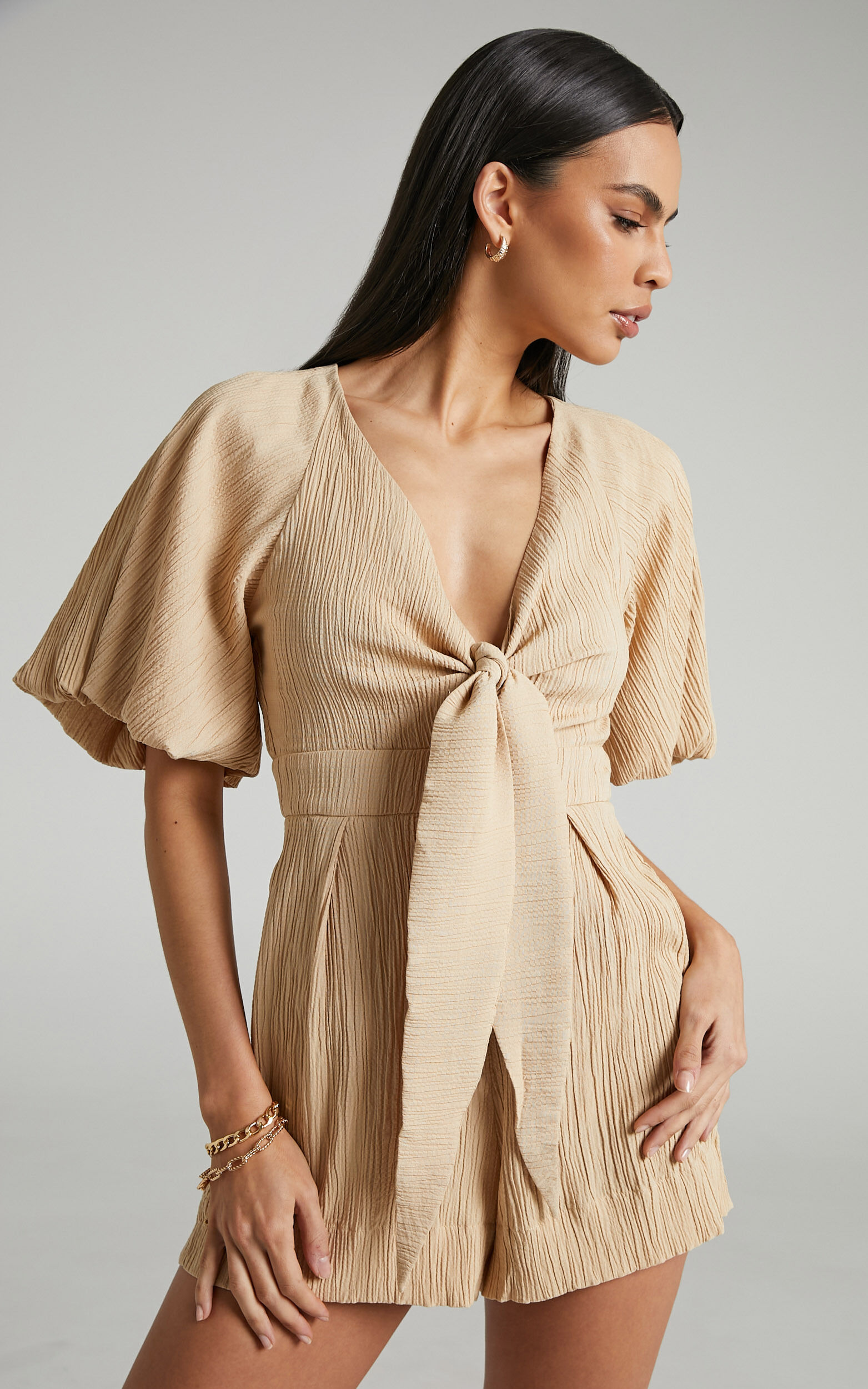 Celestia Plunge Tie Front Puff Sleeve Playsuit in Sand - 04, BRN1, super-hi-res image number null