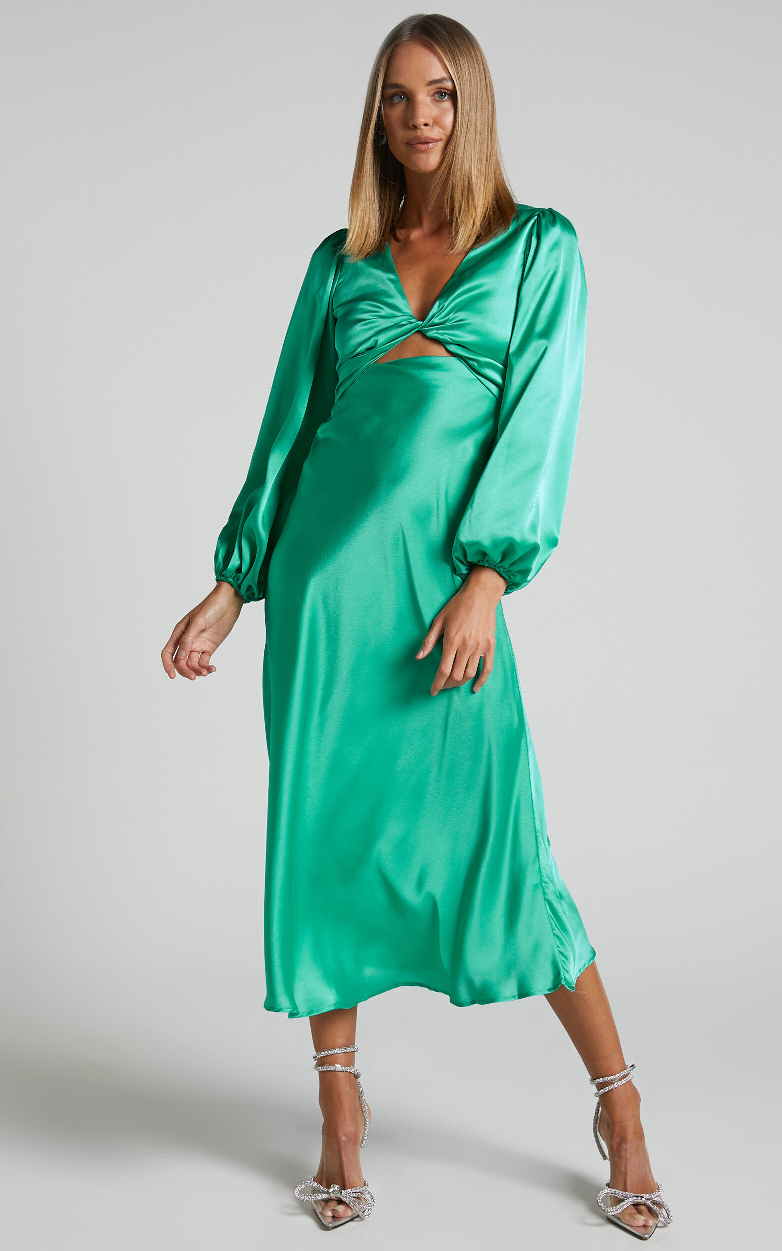 Cosmina Midi Dress - Twist Cut Out Long Sleeve Satin Dress in Mint - 06, GRN2