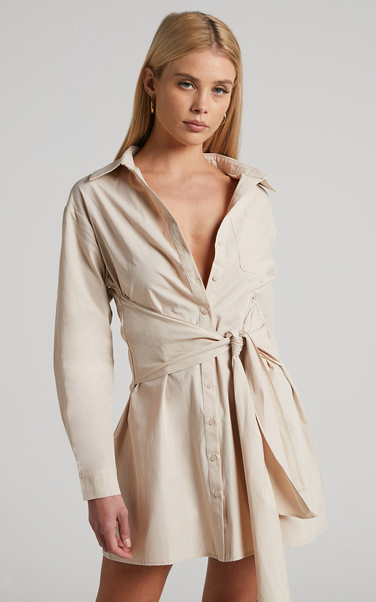 Macie Mini Dress - Tie Front Shirt Dress in Sand - 06, NEU1