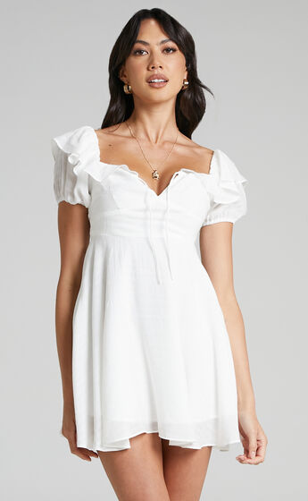 Canthe Frill Detail Puff Sleeve Off Shoulder Skater Dress in White