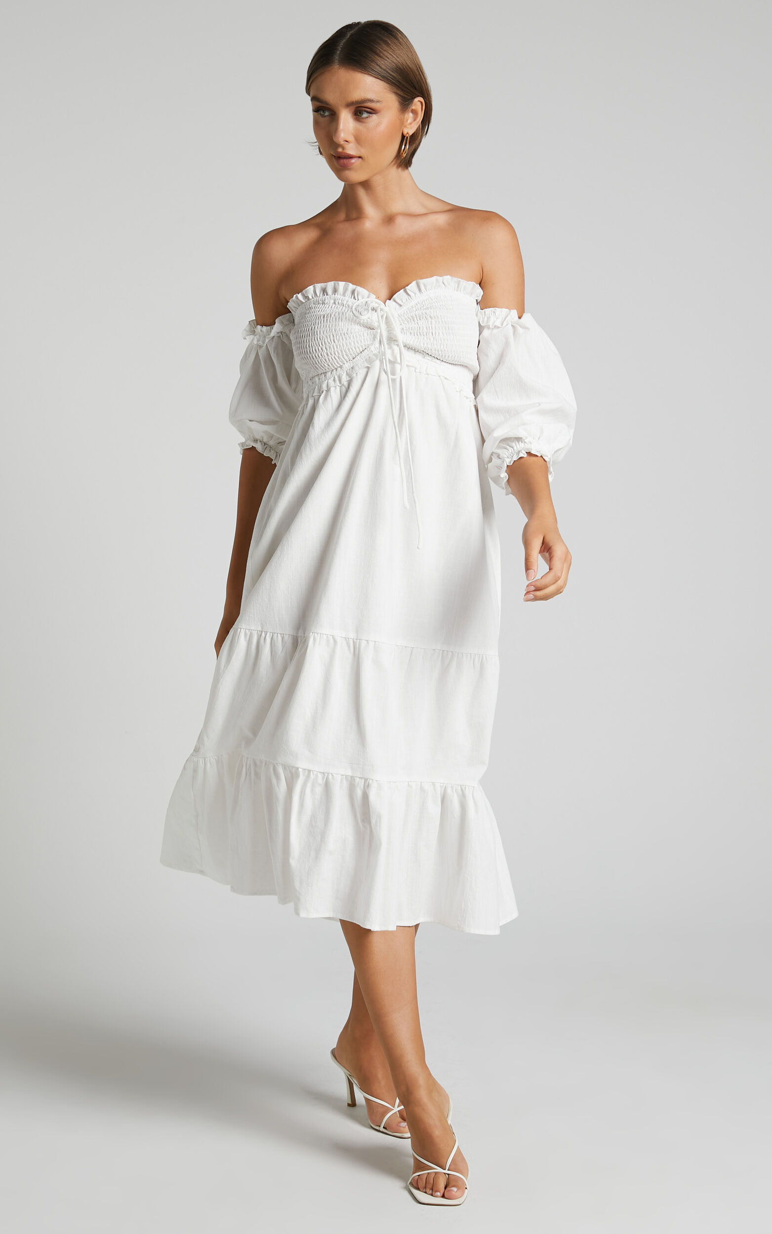 Nikka Midi Dress - Shirred Off Shoulder Puff Sleeve Dress in White - 04, WHT1