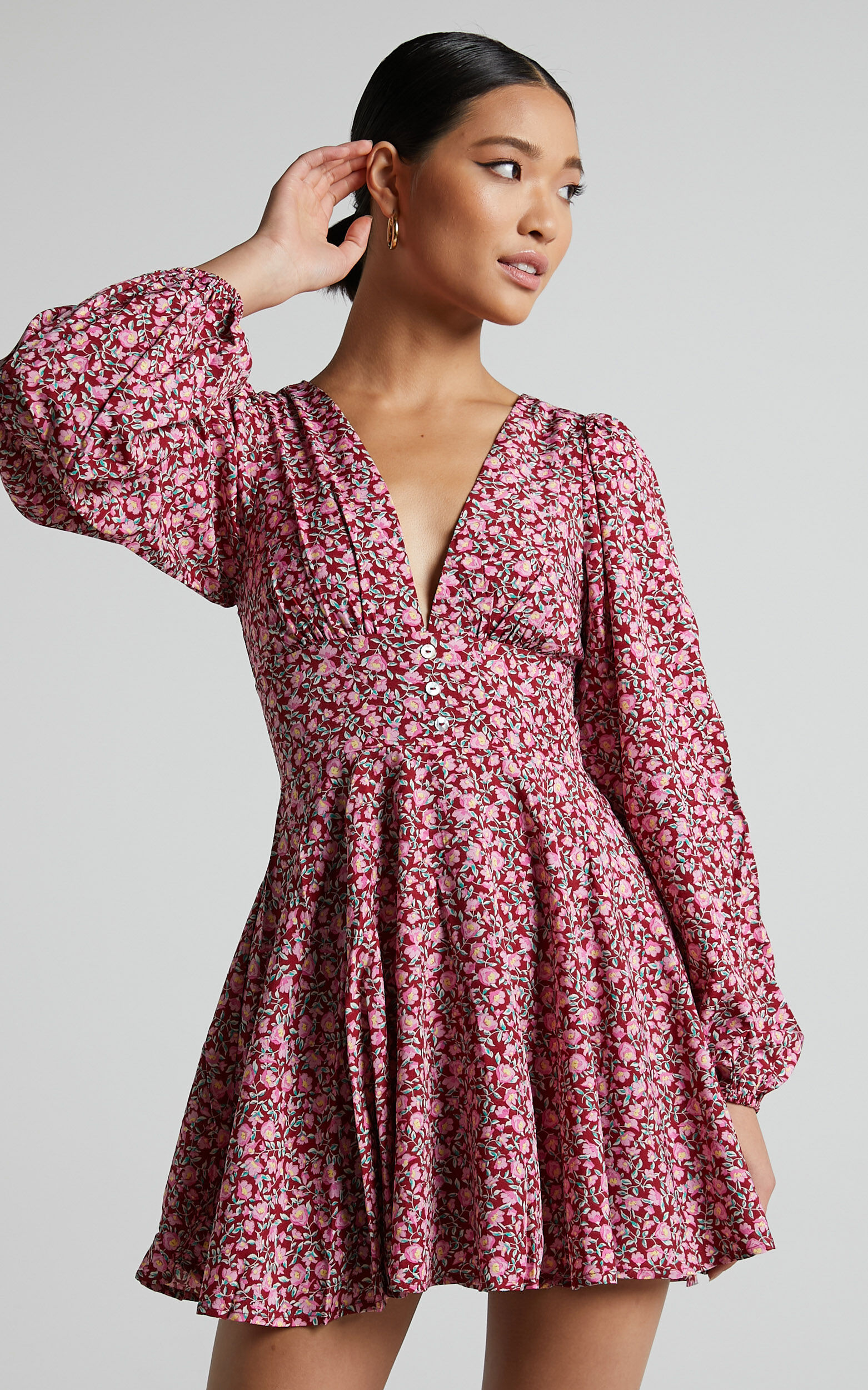 Glenda Mini Dress - Puff Sleeve Button Detail Dress in Red Floral - 04, MLT1, super-hi-res image number null