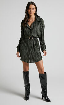 Beca Mini Dress - Crinkle Button Up Shirt Dress in Olive
