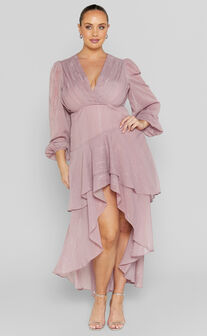 Claudita Midaxi Dress - Long Sleeve High Low Hem Dress in Dusty Rose