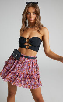 Kaleia Ruffle Trim Tiered Mini Skirt in Psychadelic Daisy