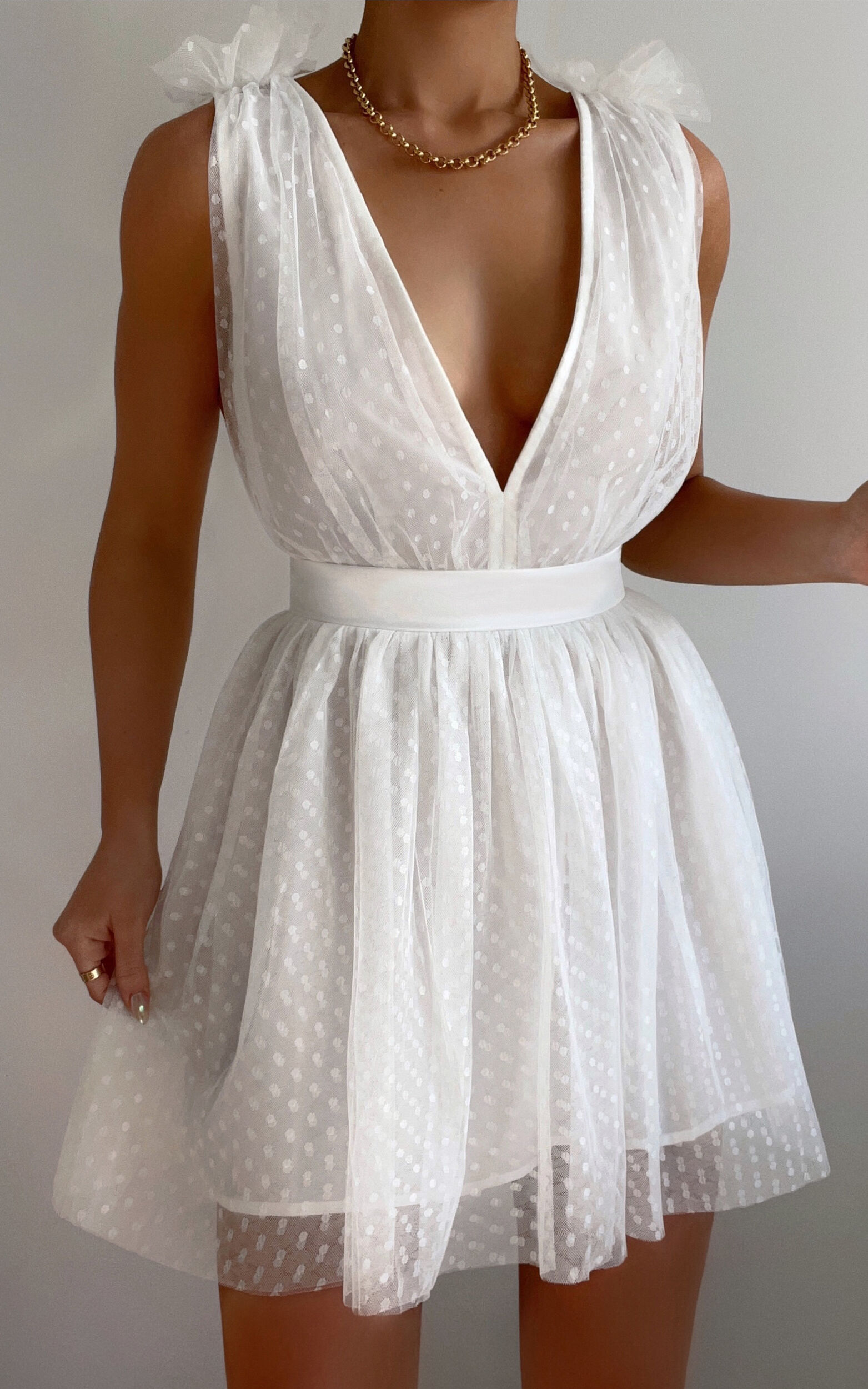 Mariabella Mini Dress - Tulle Plunge Dress in White - 04, WHT4