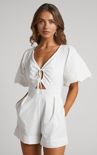 Khirara Playsuit - Tie Front Cut Out Puff Sleeve Playsuit in White