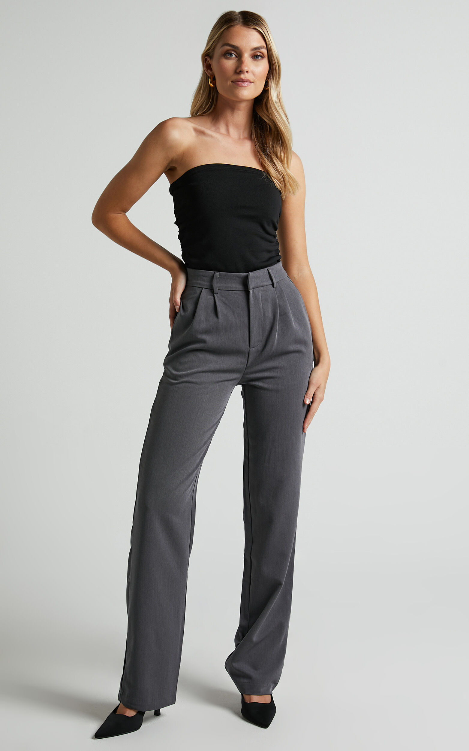 Lorcan Pants - High Waisted Tailored Pants in Charcoal - 04, GRY3