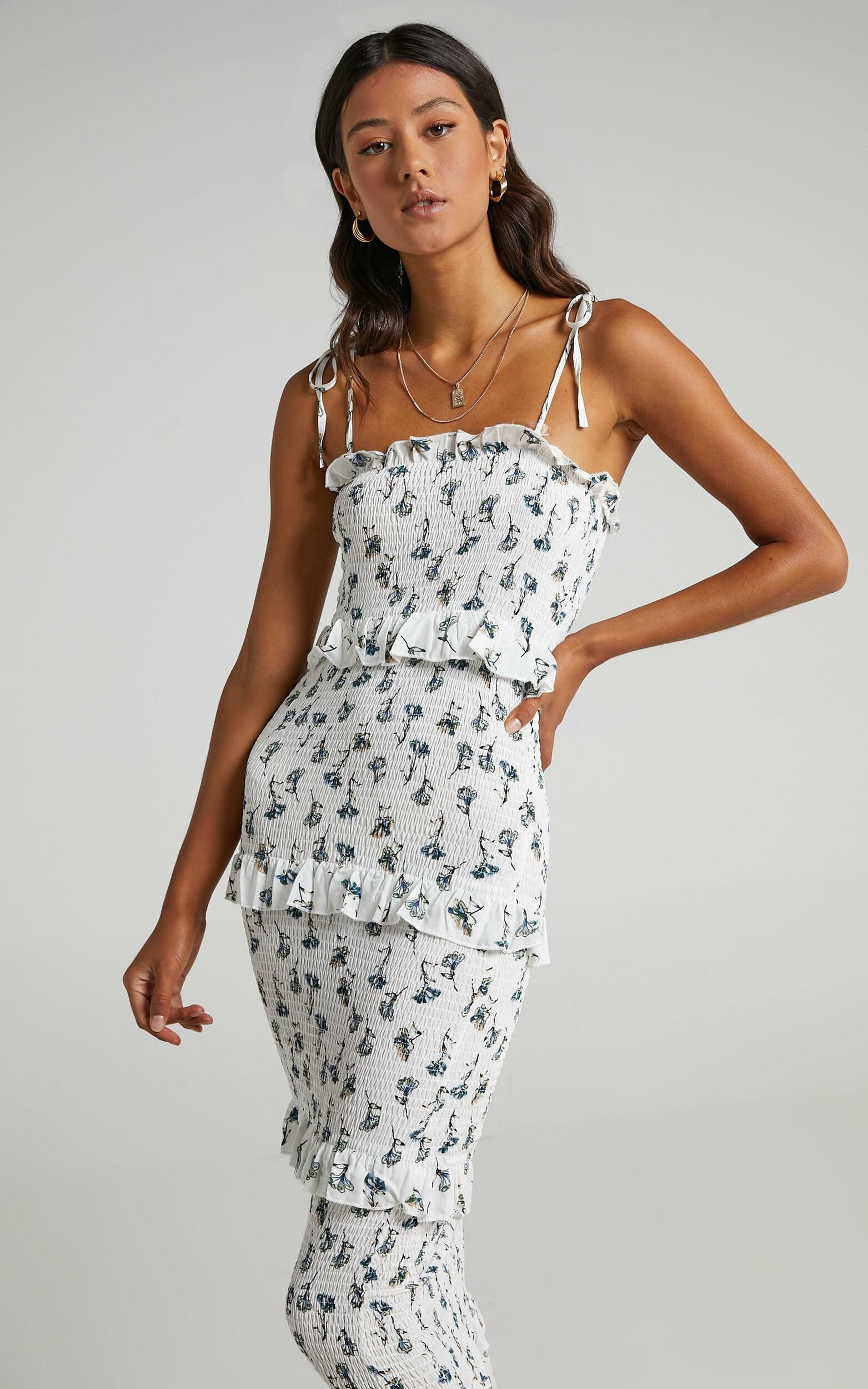 My Favourite Thing Shirred Midi Dress in White Floral | Showpo USA