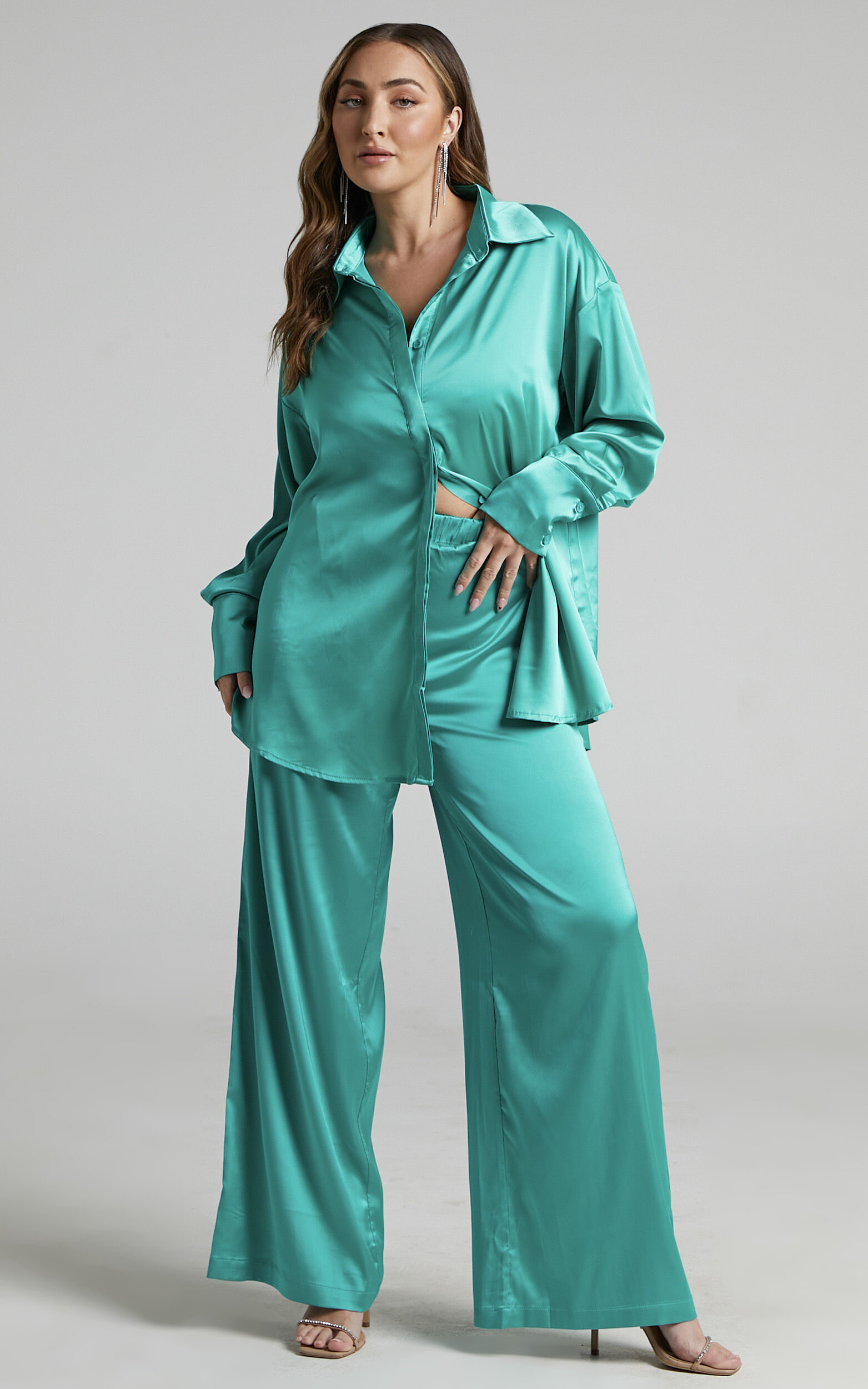 Trianna Two Piece Set - Oversized Satin Shirt and Wide Leg Pants in Jade - 04, BLU1, super-hi-res image number null